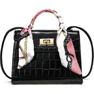 Oeipsmk Mini Crocodile Pattern Handbag with Silk Scarf Black Twist Lock NWT